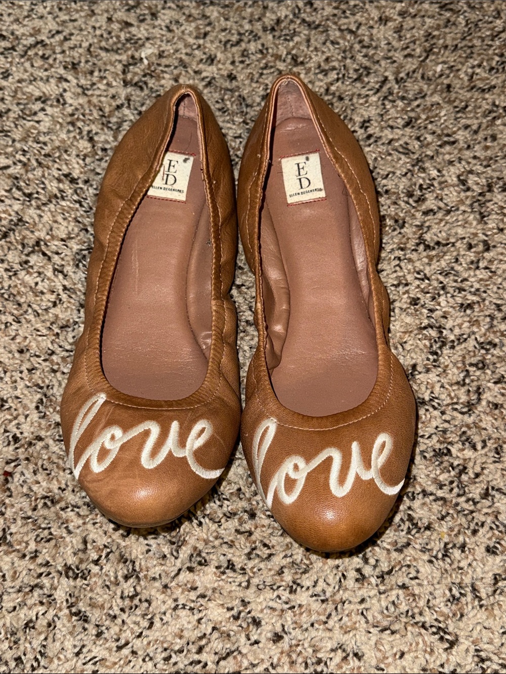 Ellen Degeneres Tan Leather 'Love' Ballet Flats